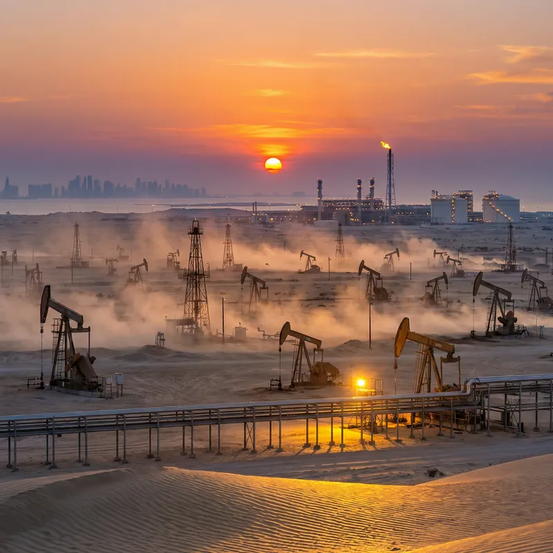 Petroleum Industry in Qatar: Oil Drills Amidst Desert Landscape