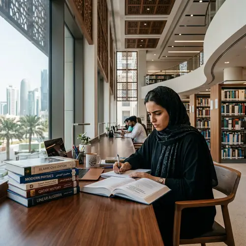 Qatari Woman Pursuing Knowledge and Excellence | Modern Library Scene