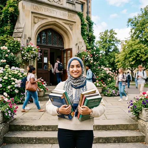Middle-Eastern Student with Hijab Smiling at Library Entrance