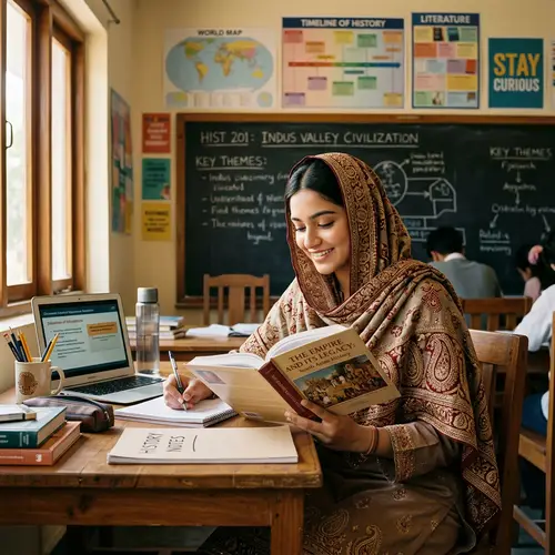 Elegant South Asian Student Studying with Traditional Veil
