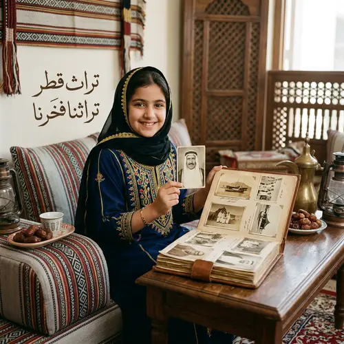 Qatari Girl in Traditional Attire with Vintage Photo Collection