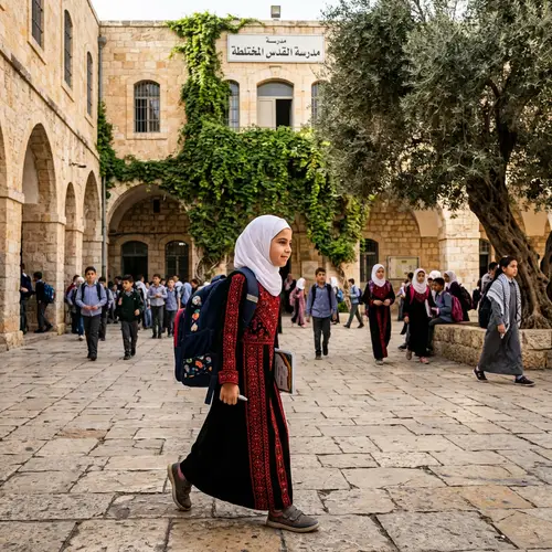 Palestinian Schoolgirl in Traditional Outfit at Stone-Built School