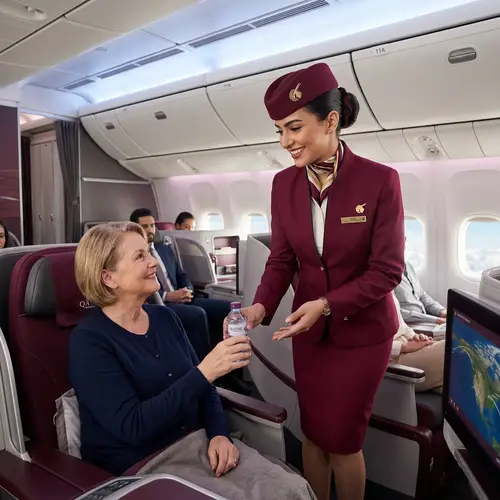 Professional Qatar Airways Flight Attendant in Maroon Suit