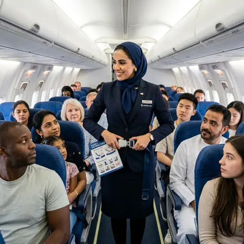 Middle-Eastern Female Flight Attendant Demonstrating Safety Instructions