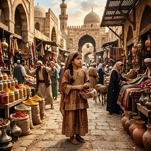 Middle-Eastern Girl in Traditional Bronze Clothing at Iconic Marketplace