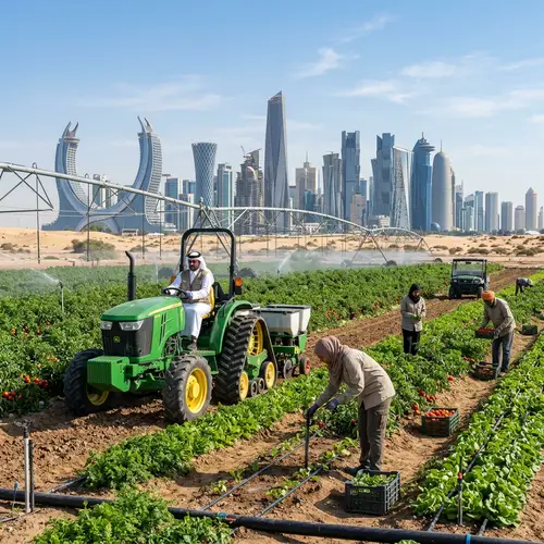Agriculture Scene in Qatar: Diverse Farmers with Modern Equipment