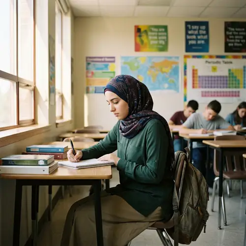Dedicated Middle-Eastern Student in Hijab Engaged in Learning