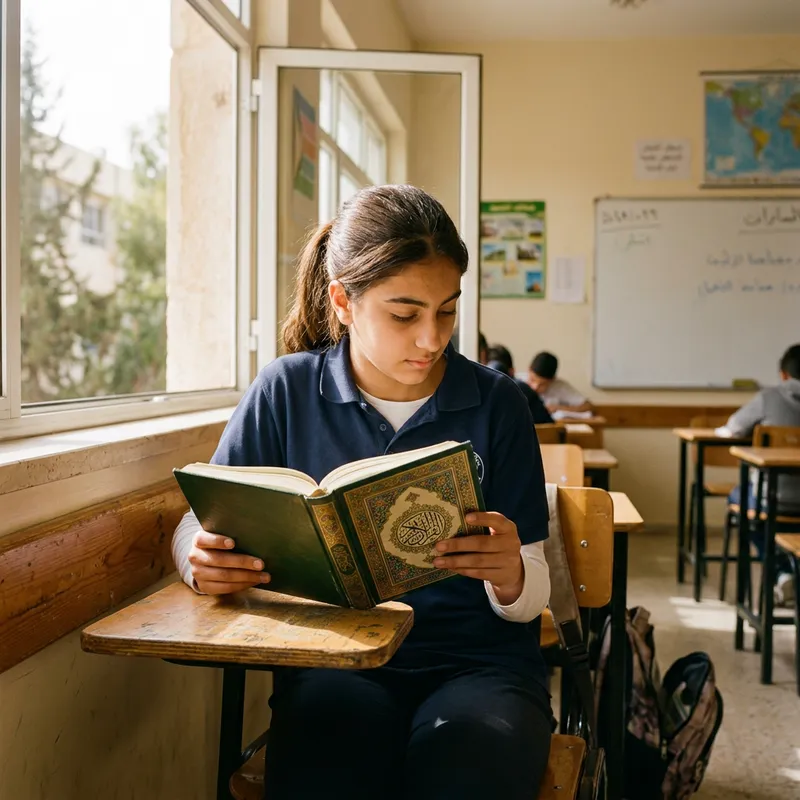 Student Reading Holy Quran in School