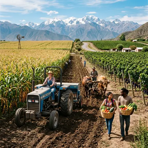 South America Agricultural Landscape: Corn Fields, Vineyards & Farmers