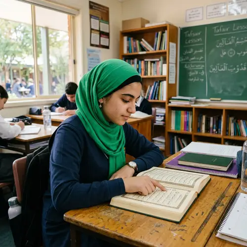 Middle-Eastern Female Student Reading Holy Quran at School