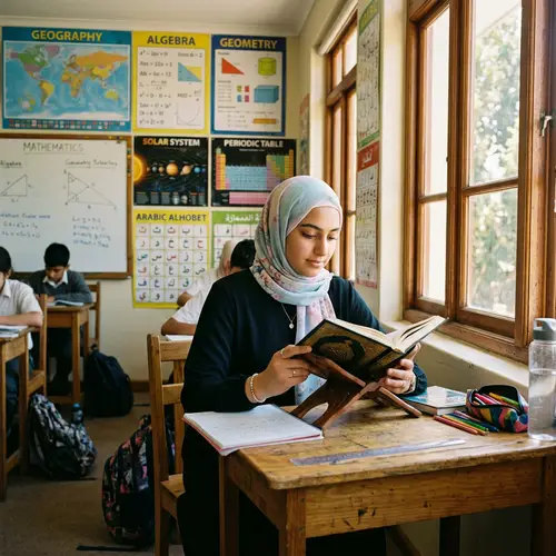 Middle-Eastern Female Student Reading Holy Quran | Classroom Scene