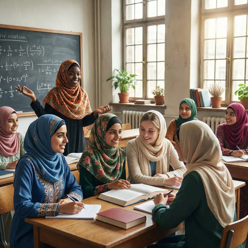 Respectful and beautiful hijab-wearing students in the classroom