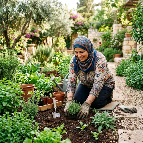Middle-Aged Arab Woman Planting Green Plants in Garden