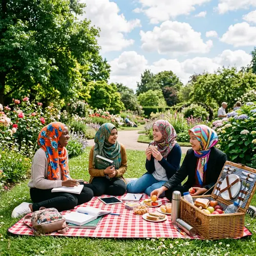 Diverse Group of Students Enjoying Picnic in Lush Garden