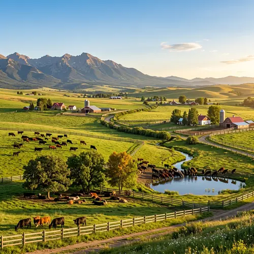Serene Countryside Farms with Cattle and Red Roofs