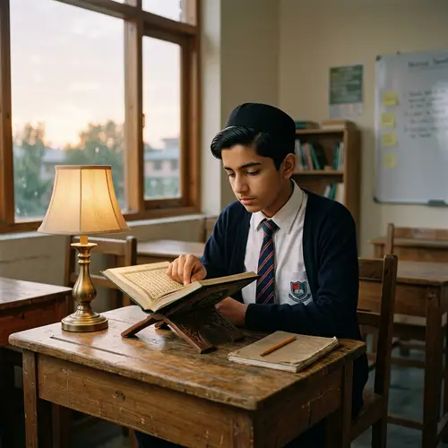 Young South Asian Male Student Studying Holy Quran at School Desk