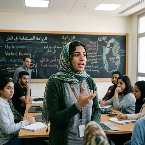 Middle Eastern Female Student Discussing Agriculture in Qatar