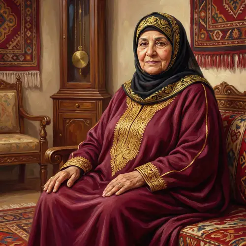 Qatari Lady in Traditional Burgundy Abaya and Gold Embroidered Hijab