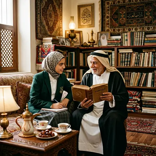 Captivating Moment: Middle-Eastern Girl Learning from Wise Grandfather