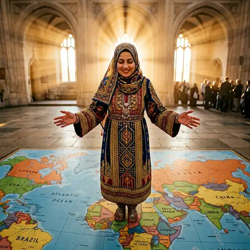 Middle Eastern Woman on World Map | Hope & Unity Gesture