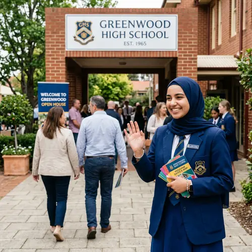 Graceful School Student Welcoming Guests with Enthusiasm