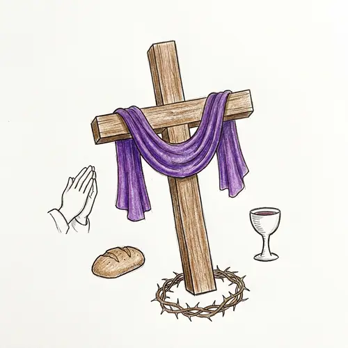 Hand-Drawn Wooden Cross with Symbolic Elements