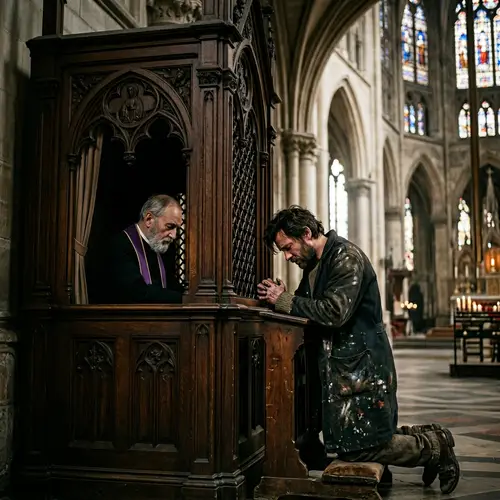 Majestic Confession Scene in a Gothic Church