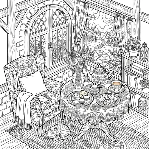 Cozy Isometric Tea Time Coloring Scene