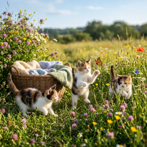 Adorable Calico Kittens Playing in Sunny Meadow | Kittens and Butterflies