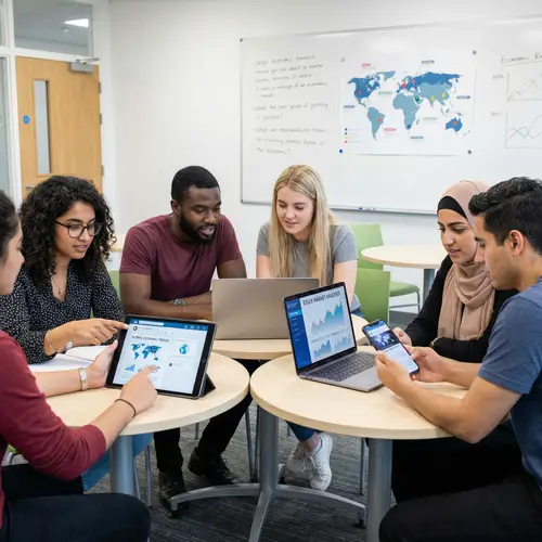 Diverse Students Collaborating on Global Financial Trends