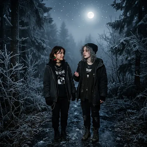 Enigmatic Night: East Asian and Gray Haired Girls in the Dark Forest