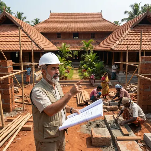 Middle-Eastern Civil Engineer Overseeing Traditional House Construction in Kerala