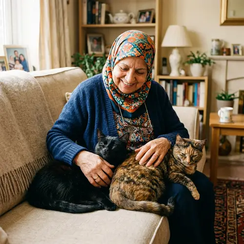 Elderly Woman in Colorful Hijab with Two Cats on Beige Couch