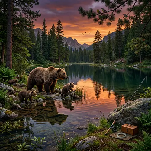 Serenity in the Twilight: Brown Bears by Crystal Clear Lake