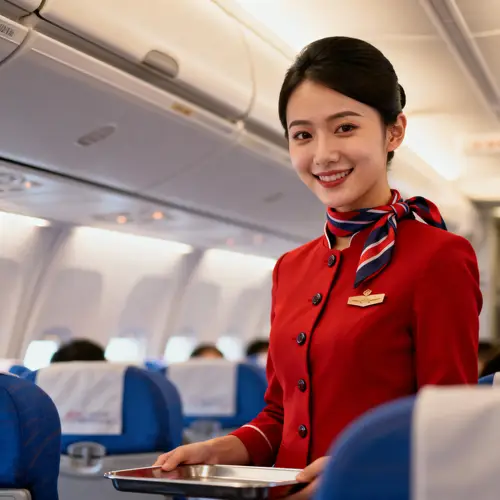 Flight Attendant in Red Uniform Serving Customers