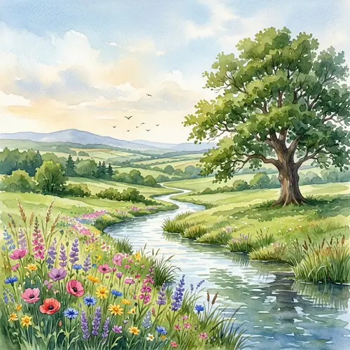 Tranquil Watercolor Landscape: Verdant Fields & Wildflowers