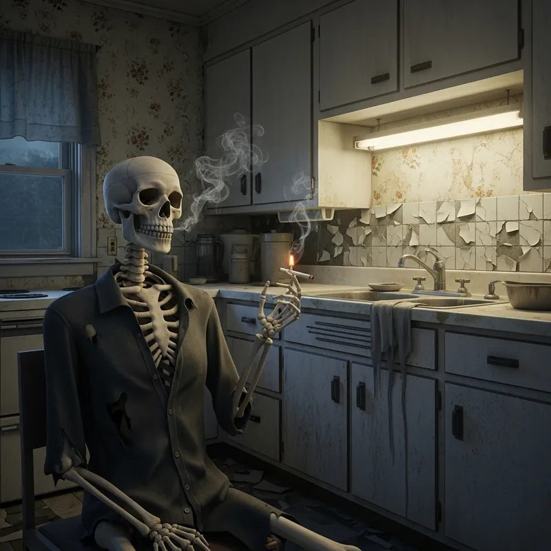 Skeleton in Old Shabby Kitchen Smoking