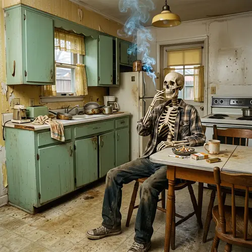 Skeleton in Old Shabby Kitchen Smoking