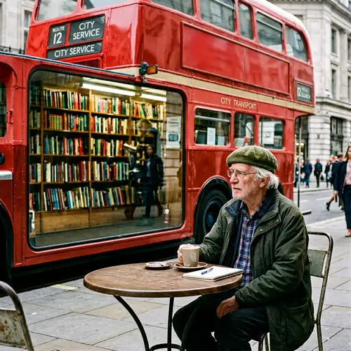 Elderly Man with Green Beret at Book Bus