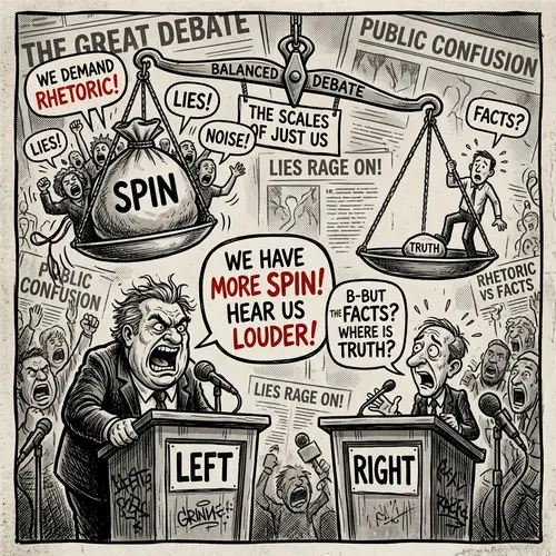 Satirical Political Cartoon: Fair Debate & Justice