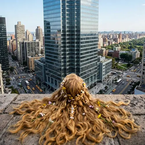 City Skyscraper with Fairytale Hair and Flowers