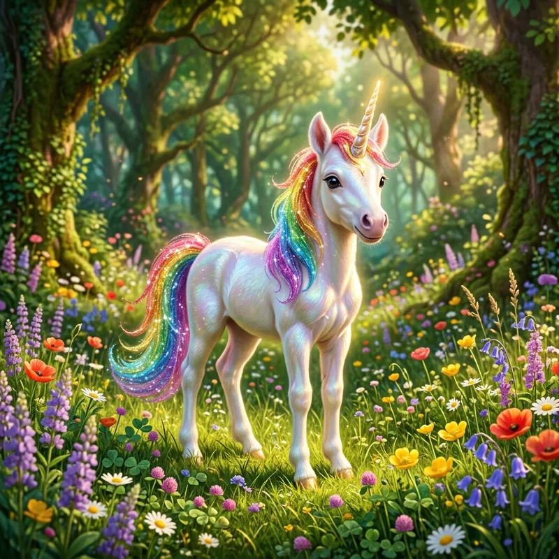 Enchanting White Baby Unicorn in Magical Meadow Enchanting White Baby Unicorn in Magical Meadow