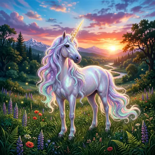Magical Unicorn in Viridescent Meadow | Enchanting Fantasy Scene