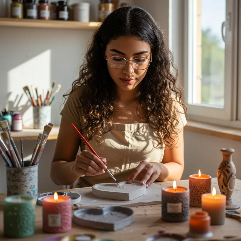 Creative Girl Making Candles and Painting Hearts