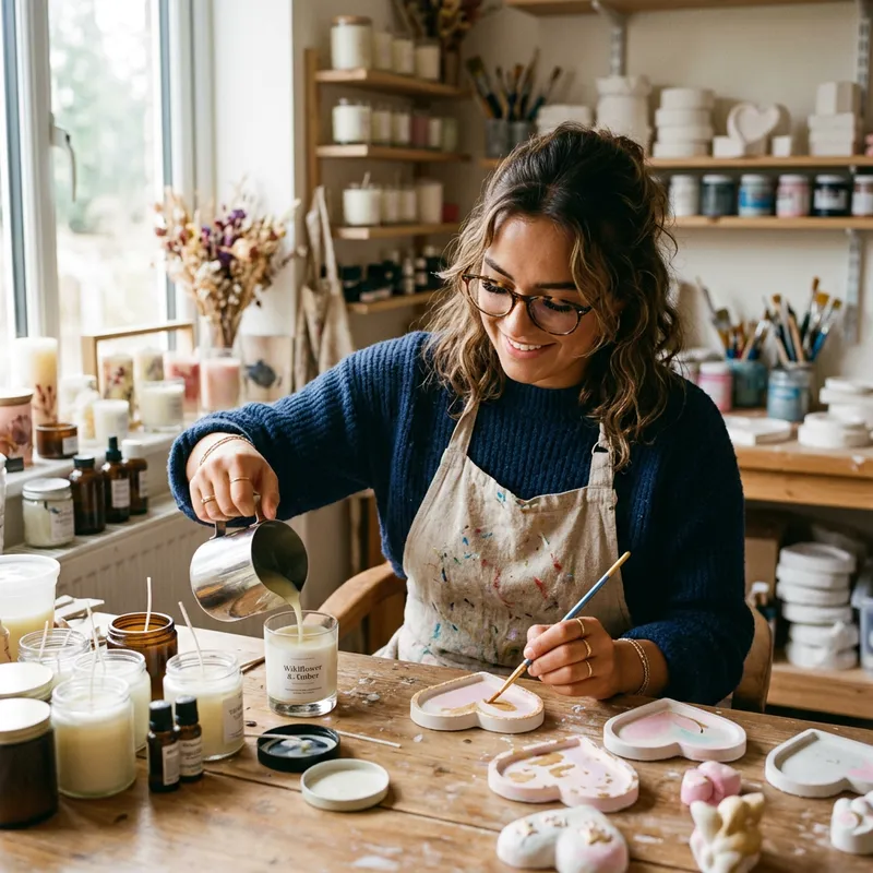 Creative Girl Making Candles and Painting Hearts
