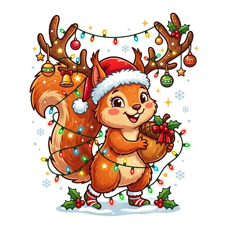 Whimsical Christmas Squirrel Illustration with Holly Berry Acorn & Fairy Lights