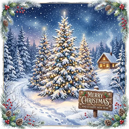 Festive Christmas Card Design with Snowy Pines