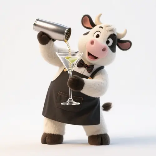 Playful Cow Mascot Pouring Martini