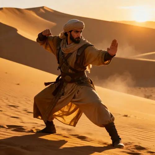 Dynamic Warrior in Traditional Islamic Attire