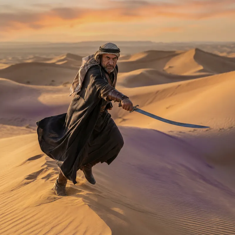 Dynamic Warrior in Traditional Islamic Attire